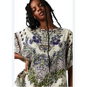 Free People Luly Tee Size M Oversized Relaxed Fit  Floral Puff Sleeves Cotton